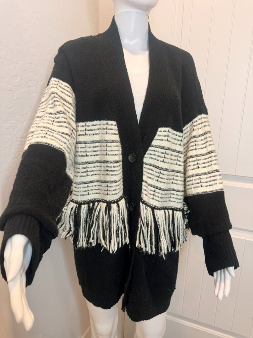 Peace Love World Cozy Fringe Open Front Cardigan Sweater Black & Ivory Large